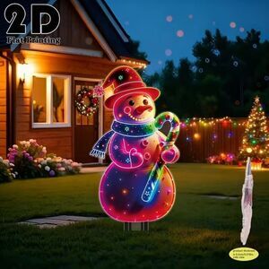 2D Festive Holiday Christmas Neon Colored Snowman Garden Outdoor Stake